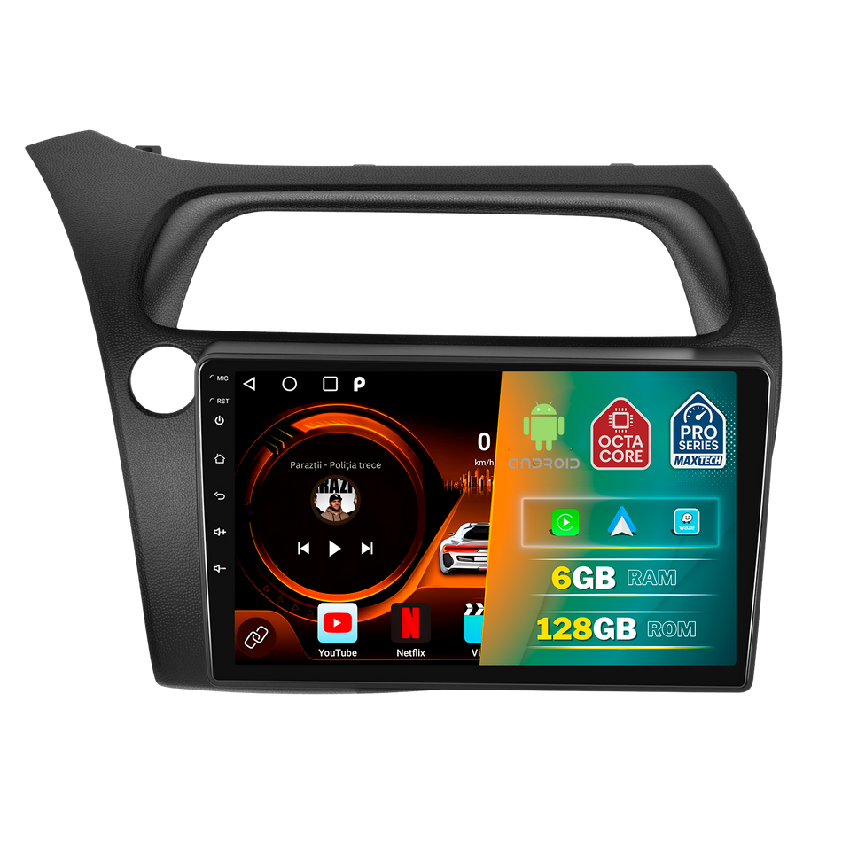Navigatie Honda Civic VIII (2006-2011) dedicata, MaxTech® PRO SERIES, 6 GB Ram 128 GB Rom, Carplay si Android auto, Ecran 9” HD Touch, GPS, Wifi, Bluetooth, Radio, USB, EQ, DSP, Waze