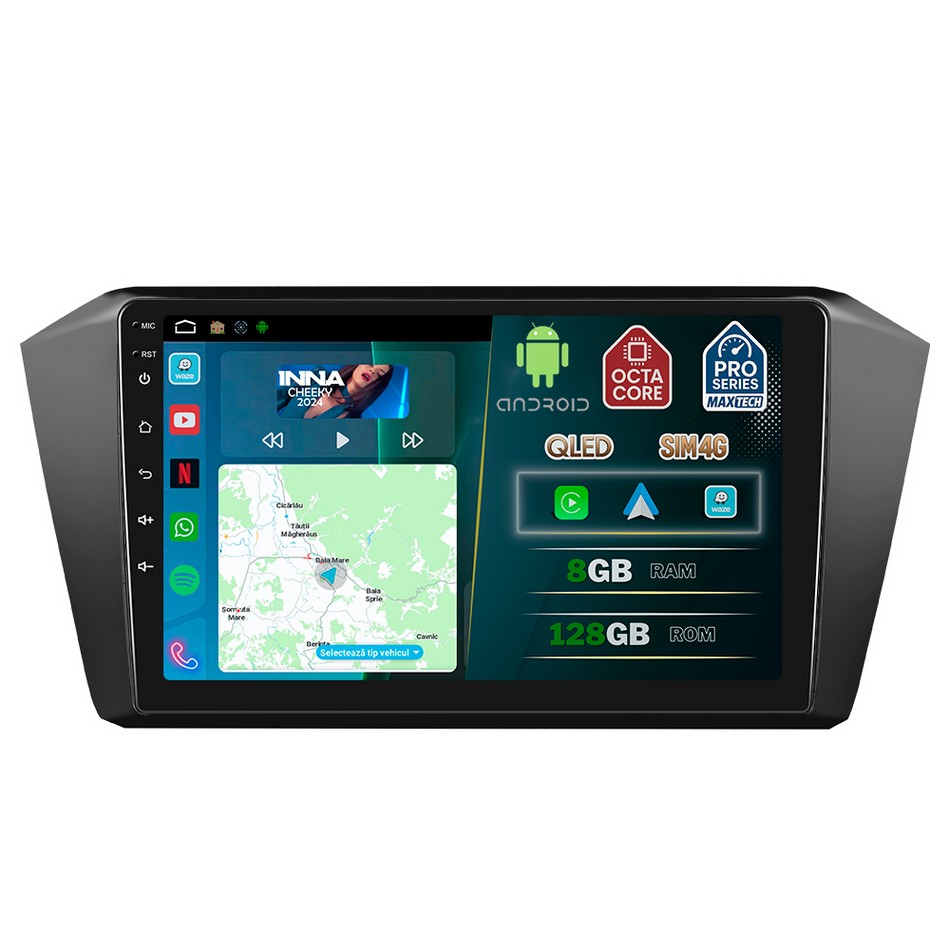 Navigatie VW Passat B8 (2015-2019) dedicata, MaxTech® PRO SERIES, 8 GB Ram 128 GB Rom, OctaCore, Carplay si Android auto, Ecran 10” HD Touch, Sim 4G, ADI/HI-Res, GPS, Wifi, Bluetooth, Radio, USB, EQ, DSP, Waze
