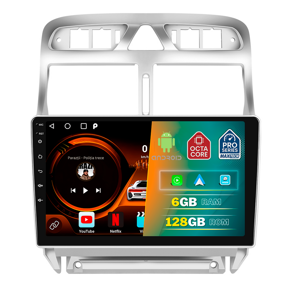 Navigatie Peugeot 307 (2002-2008) dedicata, MaxTech® PRO SERIES, 6 GB Ram 128 GB Rom, Carplay si Android auto, Ecran 9” HD Touch, GPS, Wifi, Bluetooth, Radio, USB, EQ, DSP, Waze