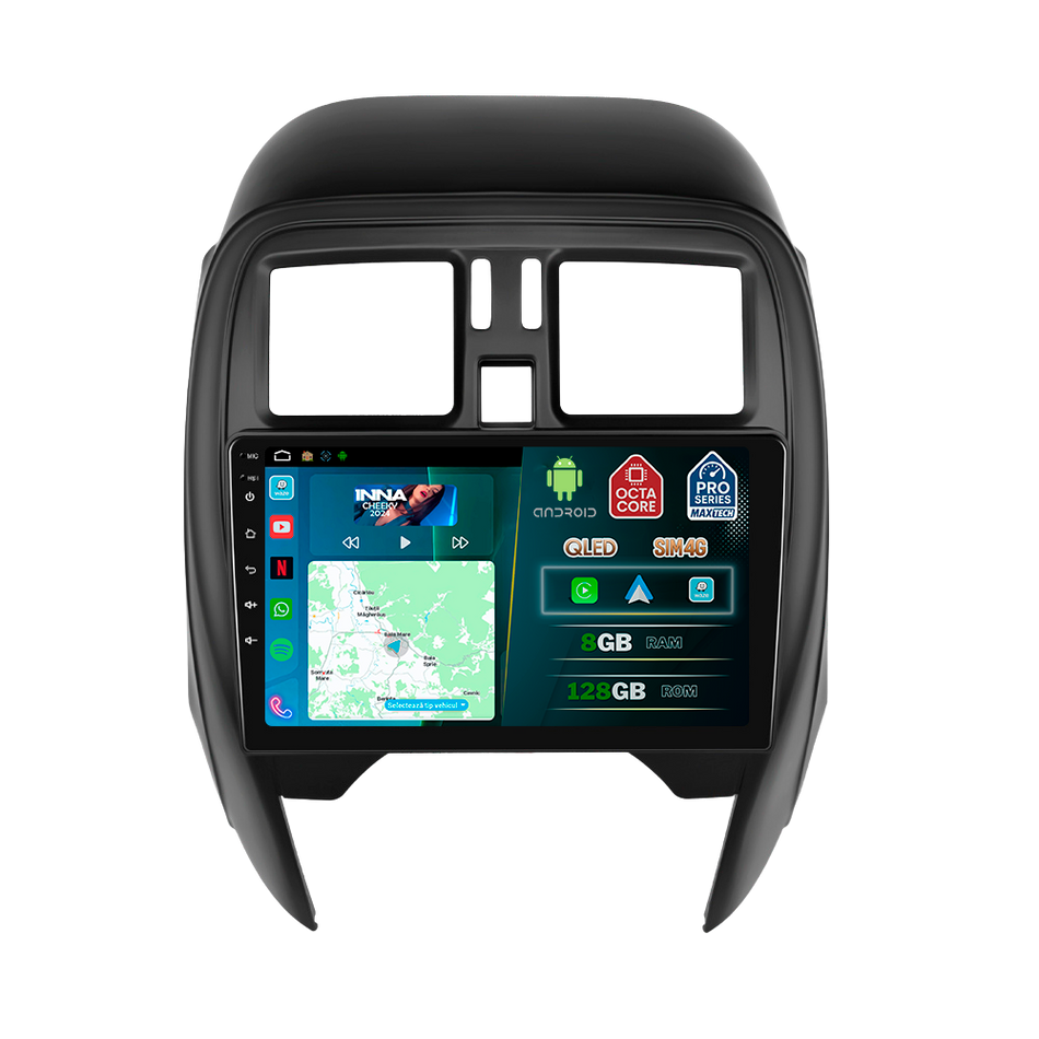 Navigatie Nissan Micra (2010-2017) dedicata, MaxTech® PRO SERIES, 8 GB Ram 128 GB Rom, OctaCore, Carplay si Android auto, Ecran 9” HD Touch, Sim 4G, ADI/HI-Res, GPS, Wifi, Bluetooth, Radio, USB, EQ, DSP, Waze