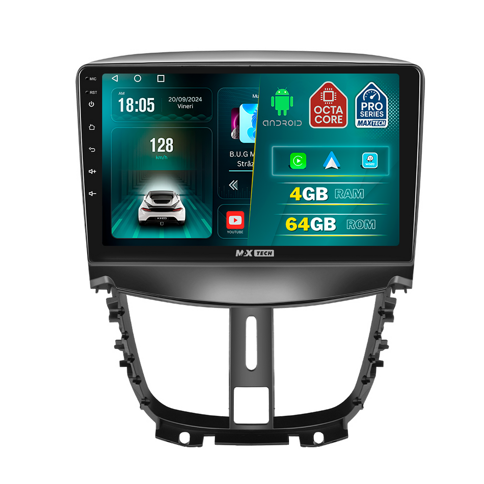 Navigatie Peugeot 207 (2009-2013) facelift dedicata, MaxTech® PRO SERIES, 4 GB Ram 64 GB Rom, Carplay si Android auto, Ecran 9 ” HD Touch, GPS, Wifi, Bluetooth, Radio, USB, EQ, DSP, Waze
