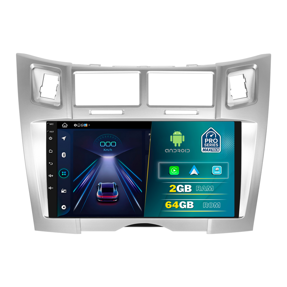Navigatie Toyota Yaris II (2005-2011) XP90 dedicata, MaxTech® PRO SERIES, 2 GB Ram 64 GB Rom, Carplay si Android auto, Ecran 9” HD Touch, GPS, Wifi, Bluetooth, Radio, USB, EQ, DSP, Waze
