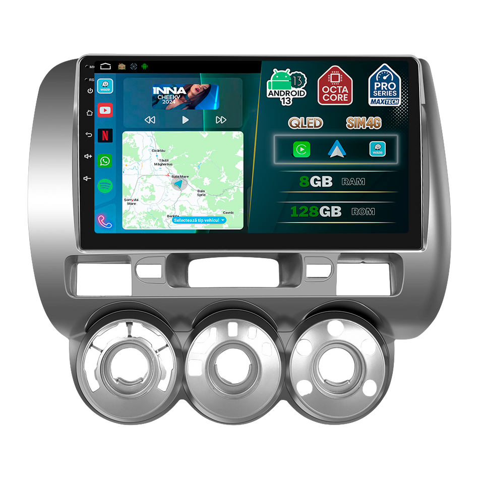 Navigatie Honda Jazz (2002-2008) dedicata, MaxTech® PRO SERIES, 8 GB Ram 128 GB Rom, OctaCore, Carplay si Android auto, Ecran 9” HD Touch, Sim 4G, ADI/HI-Res, GPS, Wifi, Bluetooth, Radio, USB, EQ, DSP, Waze