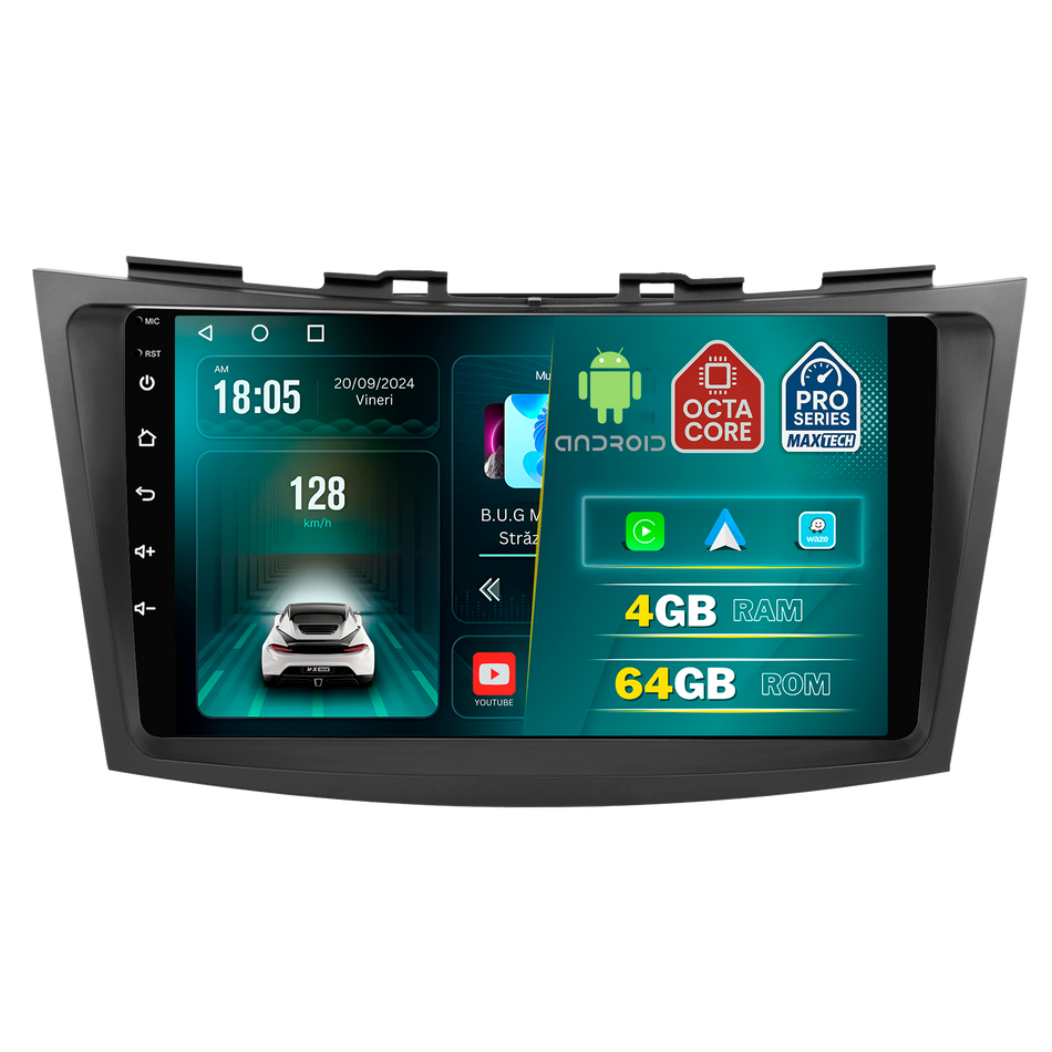 Navigatie Suzuki Swift (2010-2014) pre-facelift dedicata, MaxTech® PRO SERIES, 4 GB Ram 64 GB Rom, Carplay si Android auto, Ecran 9 ” HD Touch, GPS, Wifi, Bluetooth, Radio, USB, EQ, DSP, Waze