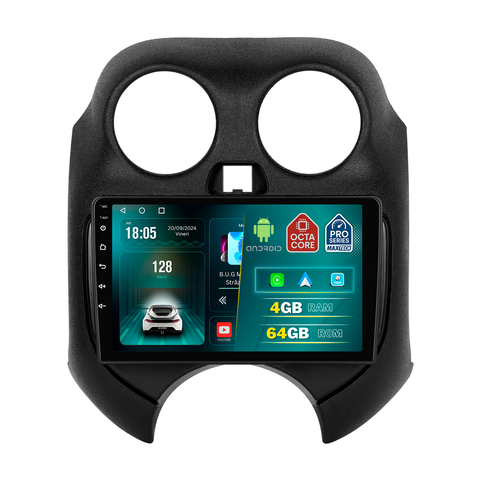 Navigatie Nissan Micra (2010-2017) dedicata, MaxTech® PRO SERIES, 4 GB Ram 64 GB Rom, Carplay si Android auto, Ecran 9 ” HD Touch, GPS, Wifi, Bluetooth, Radio, USB, EQ, DSP, Waze