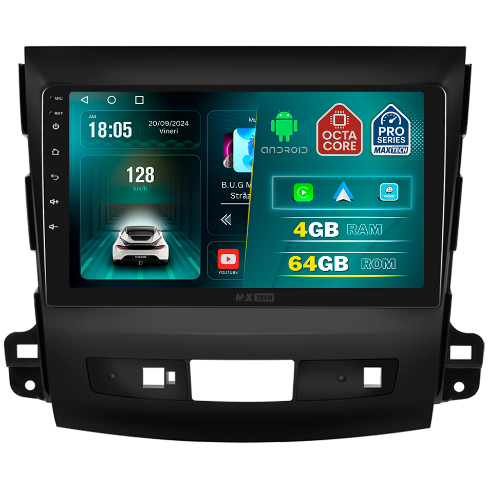 Navigatie Mitsubishi Outlander II (2008-2015) dedicata, MaxTech® PRO SERIES, 4 GB Ram 64 GB Rom, Carplay si Android auto, Ecran 9 ” HD Touch, GPS, Wifi, Bluetooth, Radio, USB, EQ, DSP, Waze