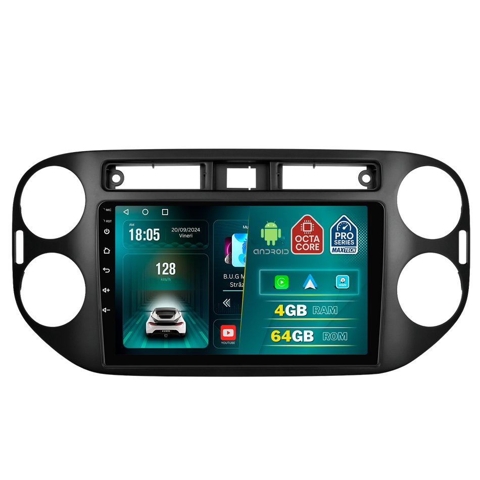 Navigatie Volkswagen Tiguan I (2011-2016) facelift dedicata, MaxTech® PRO SERIES, 4 GB Ram 64 GB Rom, Carplay si Android auto, Ecran 9 ” HD Touch, GPS, Wifi, Bluetooth, Radio, USB, EQ, DSP, Waze