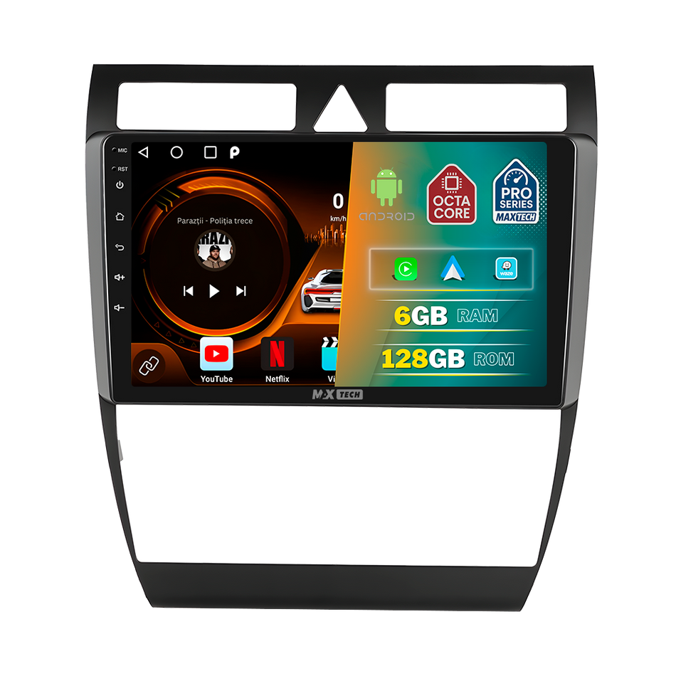 Navigatie Audi A6 C6 (2004-2008) Pre-facelift dedicata, MaxTech® PRO SERIES, 6 GB Ram 128 GB Rom, Carplay si Android auto, Ecran 9” HD Touch, GPS, Wifi, Bluetooth, Radio, USB, EQ, DSP, Waze