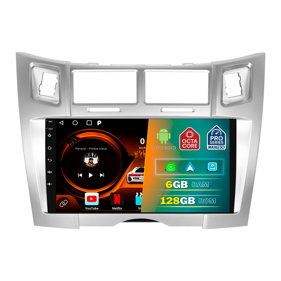 Navigatie Toyota Yaris II (2005-2011) XP90 dedicata, MaxTech® PRO SERIES, 6 GB Ram 128 GB Rom, Carplay si Android auto, Ecran 9” HD Touch, GPS, Wifi, Bluetooth, Radio, USB, EQ, DSP, Waze