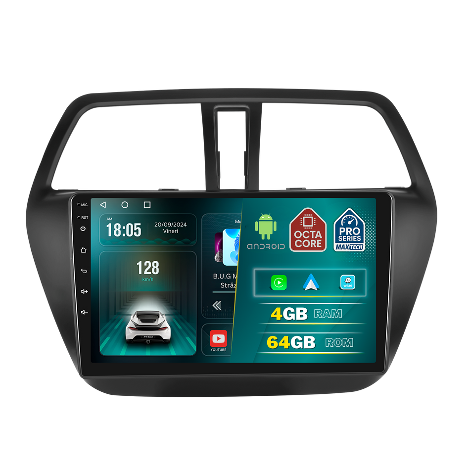 Navigatie Suzuki SX4 S-Cross (2013-2016) Pre-facelift dedicata, MaxTech® PRO SERIES, 4 GB Ram 64 GB Rom, Carplay si Android auto, Ecran 9 ” HD Touch, GPS, Wifi, Bluetooth, Radio, USB, EQ, DSP, Waze