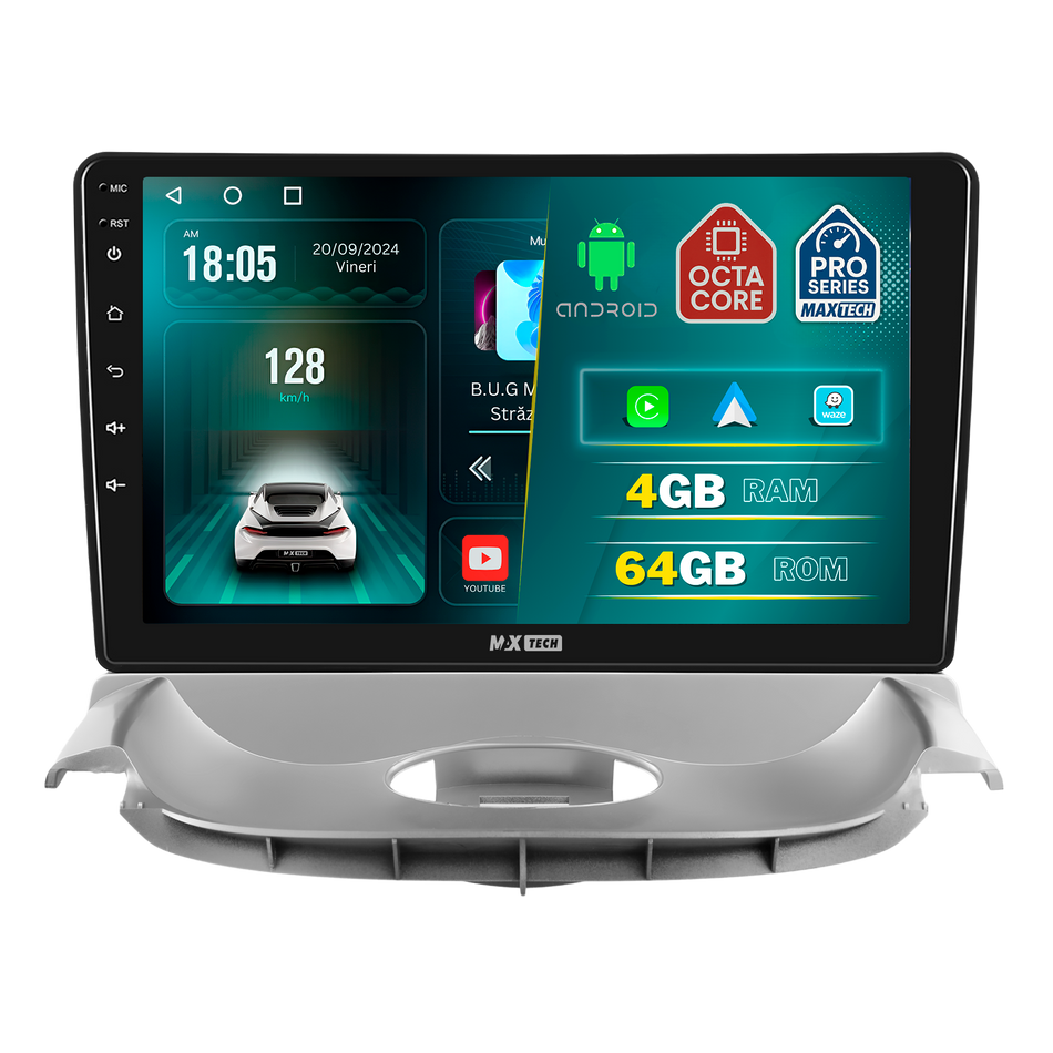 Navigatie Peugeot 206 (2004-2008) facelift  dedicata, MaxTech® PRO SERIES, 4 GB Ram 64 GB Rom, Carplay si Android auto, Ecran 9 ” HD Touch, GPS, Wifi, Bluetooth, Radio, USB, EQ, DSP, Waze