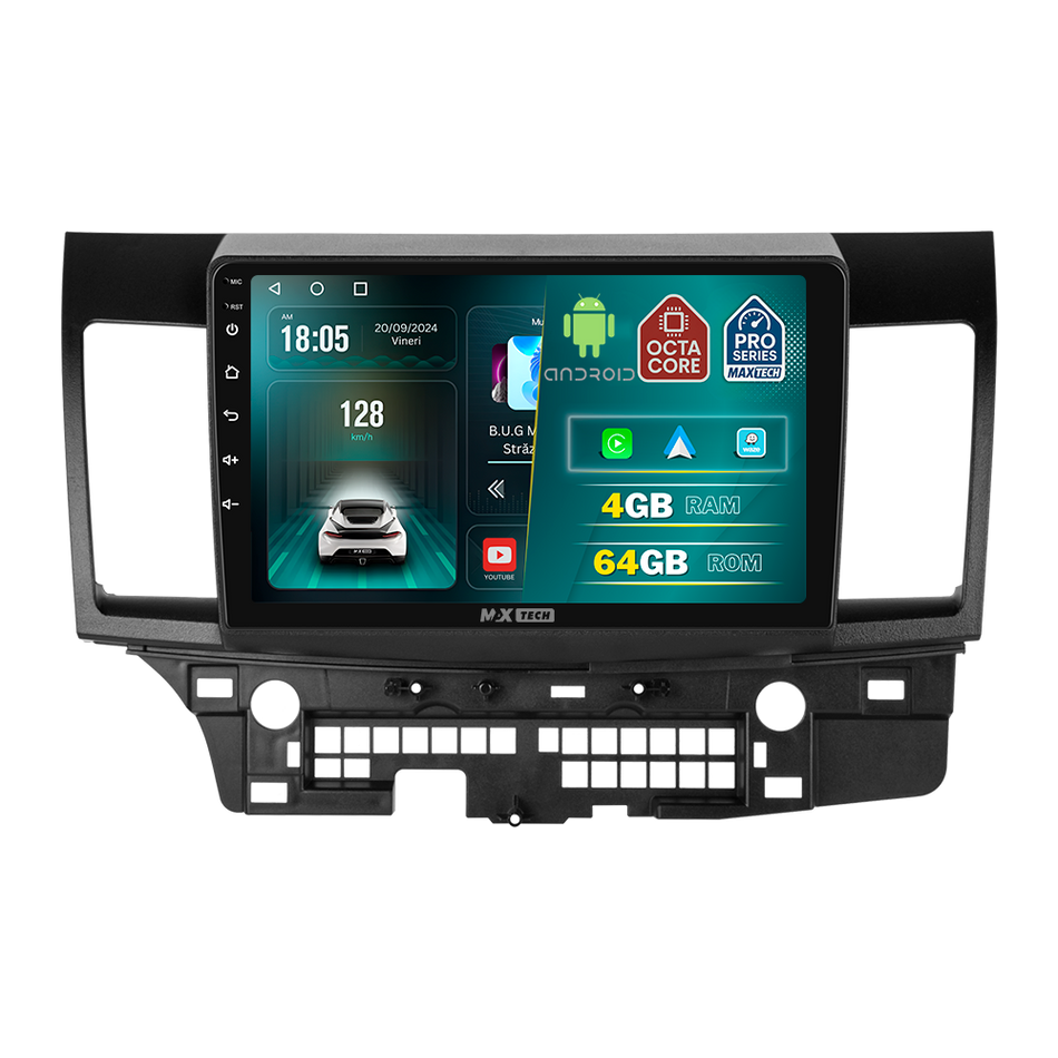 Navigatie Mitsubishi Lancer X (2008-2015) dedicata, MaxTech® PRO SERIES, 4 GB Ram 64 GB Rom, Carplay si Android auto, Ecran 10 ” HD Touch, GPS, Wifi, Bluetooth, Radio, USB, EQ, DSP, Waze