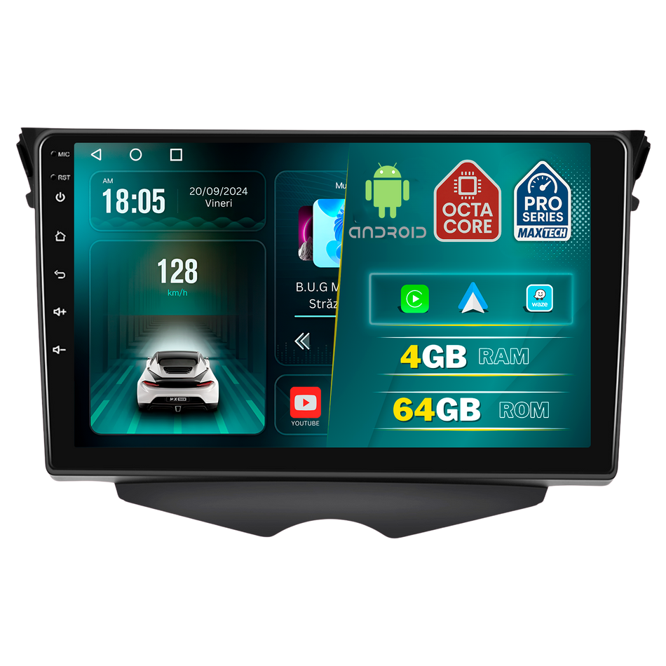Navigatie Hyundai Veloster (2011-2014) pre-facelift dedicata, MaxTech® PRO SERIES, 4 GB Ram 64 GB Rom, Carplay si Android auto, Ecran 9 ” HD Touch, GPS, Wifi, Bluetooth, Radio, USB, EQ, DSP, Waze