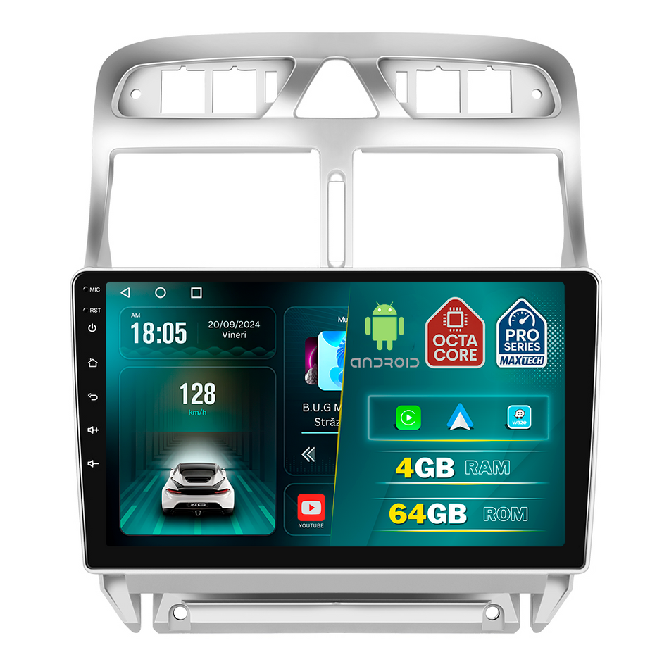 Navigatie Peugeot 307 (2002-2008) dedicata, MaxTech® PRO SERIES, 4 GB Ram 64 GB Rom, Carplay si Android auto, Ecran 9 ” HD Touch, GPS, Wifi, Bluetooth, Radio, USB, EQ, DSP, Waze