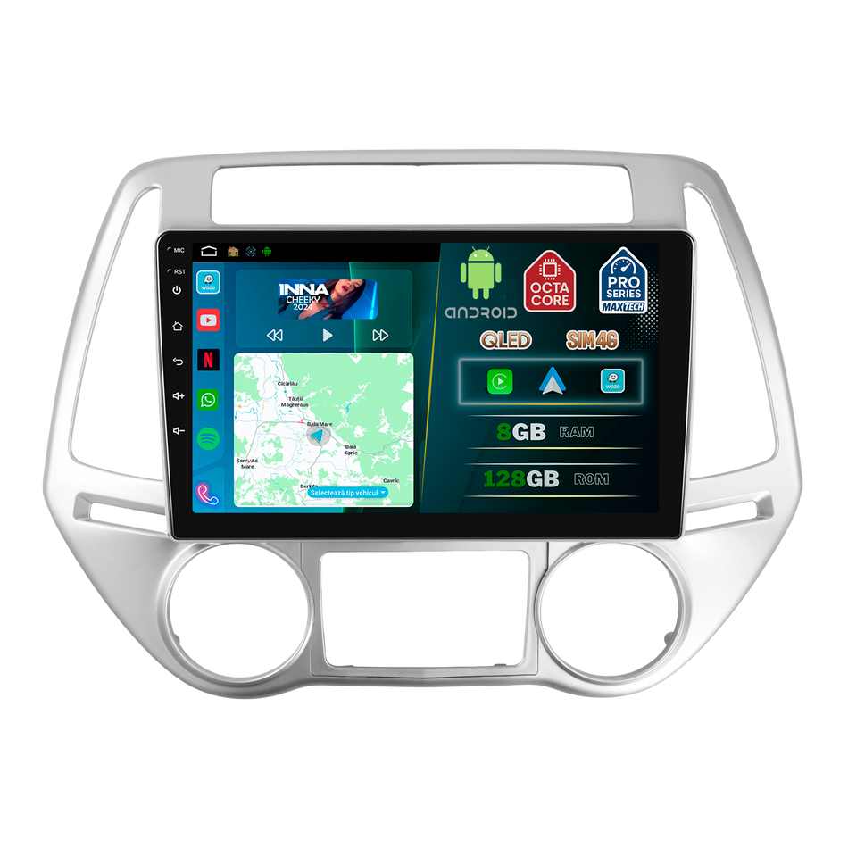 Navigatie Hyundai i20 (2012-2014) (PB Facelift) dedicata, MaxTech® PRO SERIES, 8 GB Ram 128 GB Rom, OctaCore, Carplay si Android auto, Ecran 9” HD Touch, Sim 4G, ADI/HI-Res, GPS, Wifi, Bluetooth, Radio, USB, EQ, DSP, Waze