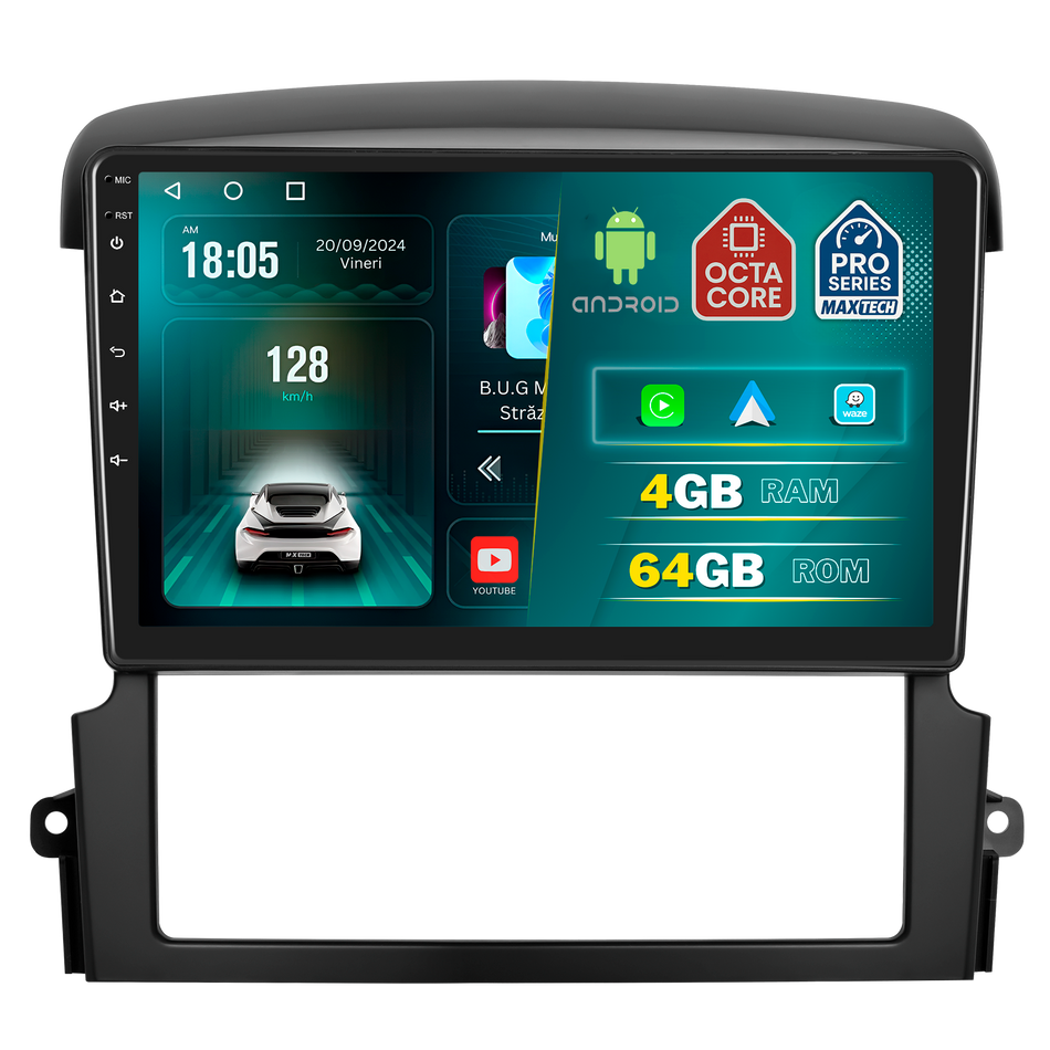 Navigatie Ford Kia Sorento I (2004-2008) dedicata, MaxTech® PRO SERIES, 4 GB Ram 64 GB Rom, Carplay si Android auto, Ecran 9 ” HD Touch, GPS, Wifi, Bluetooth, Radio, USB, EQ, DSP, Waze
