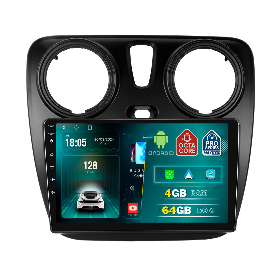Navigatie Dacia Lodgy 2012-2022 / Dacia Dokker 2012-2021 dedicata, MaxTech® PRO SERIES, 4 GB Ram 64 GB Rom, Carplay si Android auto, Ecran 9 ” HD Touch, GPS, Wifi, Bluetooth, Radio, USB, EQ, DSP, Waze
