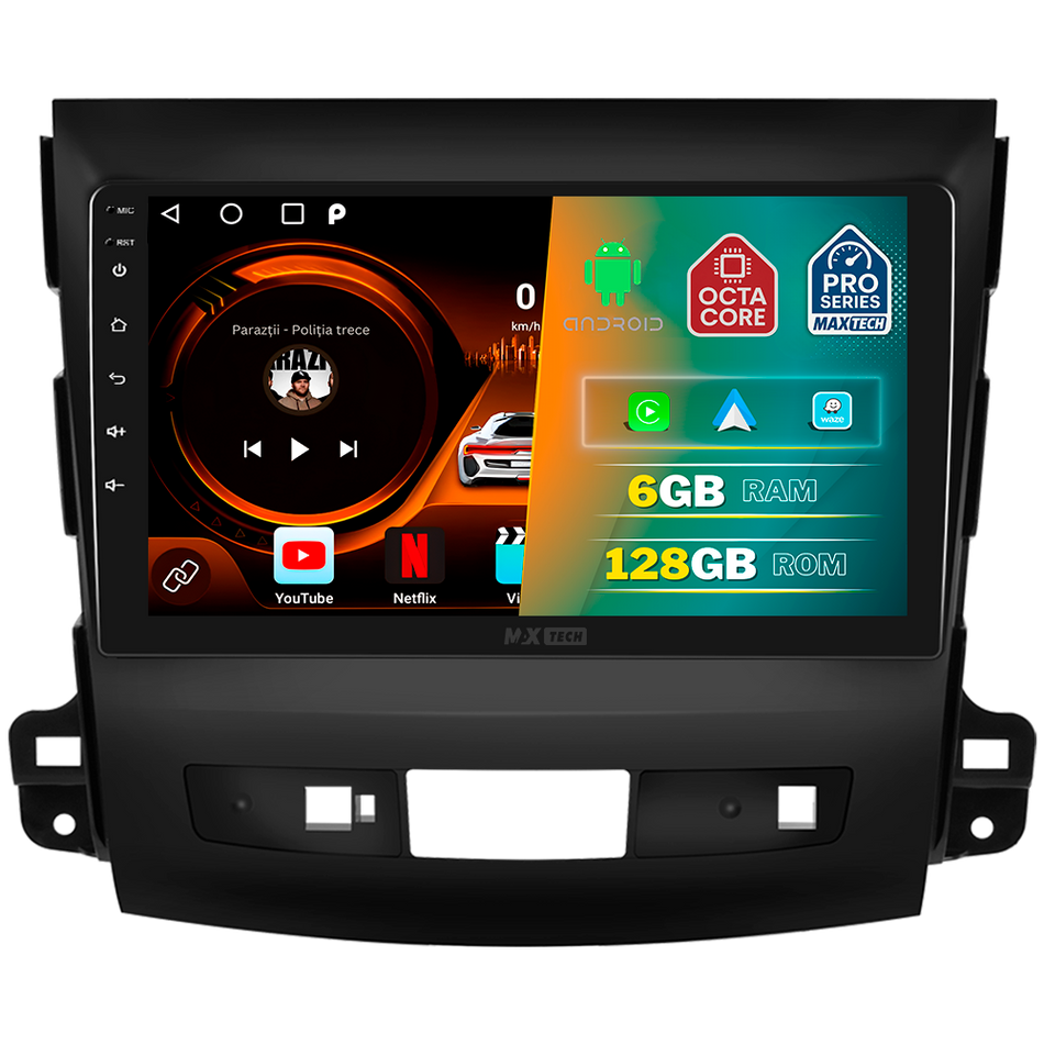 Navigatie Mitsubishi Outlander II (2008-2015) dedicata, MaxTech® PRO SERIES, 6 GB Ram 128 GB Rom, Carplay si Android auto, Ecran 9” HD Touch, GPS, Wifi, Bluetooth, Radio, USB, EQ, DSP, Waze