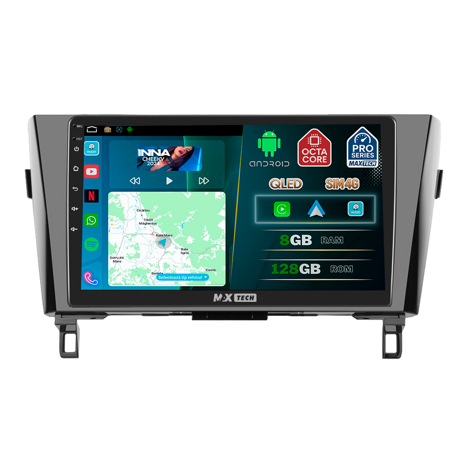 Navigatie Nissan Qashqai II J11 / X-trail 2014-2017 III (T32) (Pre-Facelift) dedicata, MaxTech® PRO SERIES, 8 GB Ram 128 GB Rom, OctaCore, Carplay si Android auto, Ecran 10” HD Touch, Sim 4G, ADI/HI-Res, GPS, Wifi, Bluetooth, Radio, USB, EQ, DSP, Waze