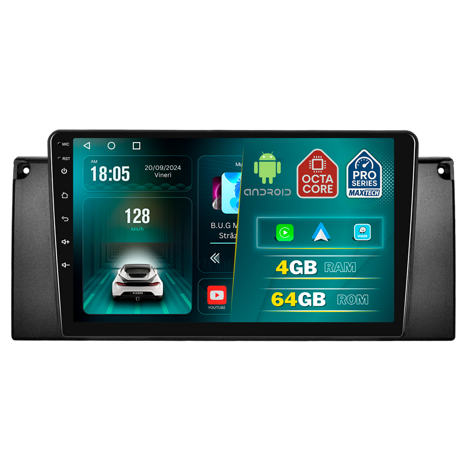 Navigatie BMW X5 E53 (1999–2006) dedicata, MaxTech® PRO SERIES, 4 GB Ram 64 GB Rom, Carplay si Android auto, Ecran 9 ” HD Touch, GPS, Wifi, Bluetooth, Radio, USB, EQ, DSP, Waze