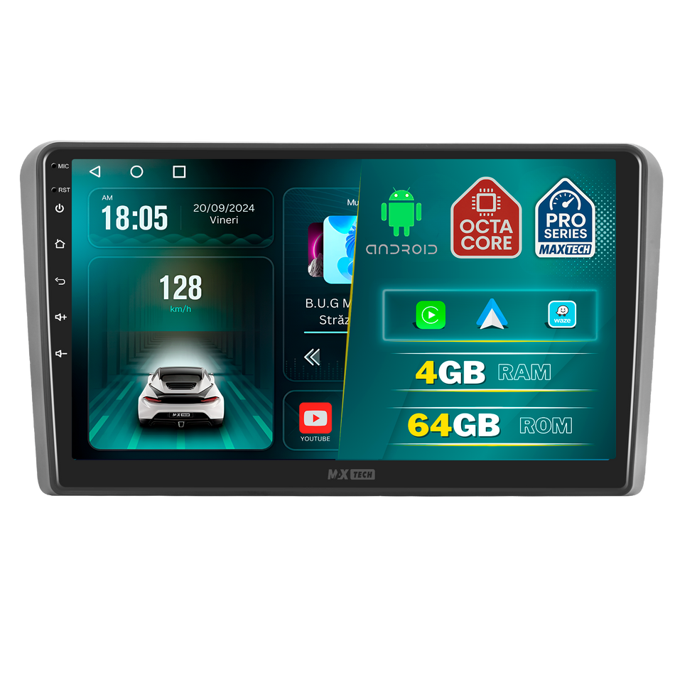 Navigatie Audi A3 Facelift 2008-2012  dedicata, MaxTech® PRO SERIES, 4 GB Ram 64 GB Rom, Carplay si Android auto, Ecran 9 ” HD Touch, GPS, Wifi, Bluetooth, Radio, USB, EQ, DSP, Waze