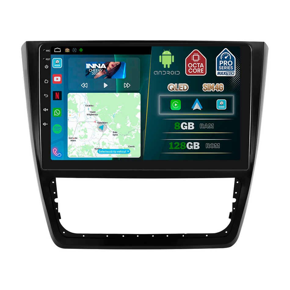 Navigatie Skoda Yeti (2009-2017) dedicata, MaxTech® PRO SERIES, 8 GB Ram 128 GB Rom, OctaCore, Carplay si Android auto, Ecran 10” HD Touch, Sim 4G, ADI/HI-Res, GPS, Wifi, Bluetooth, Radio, USB, EQ, DSP, Waze