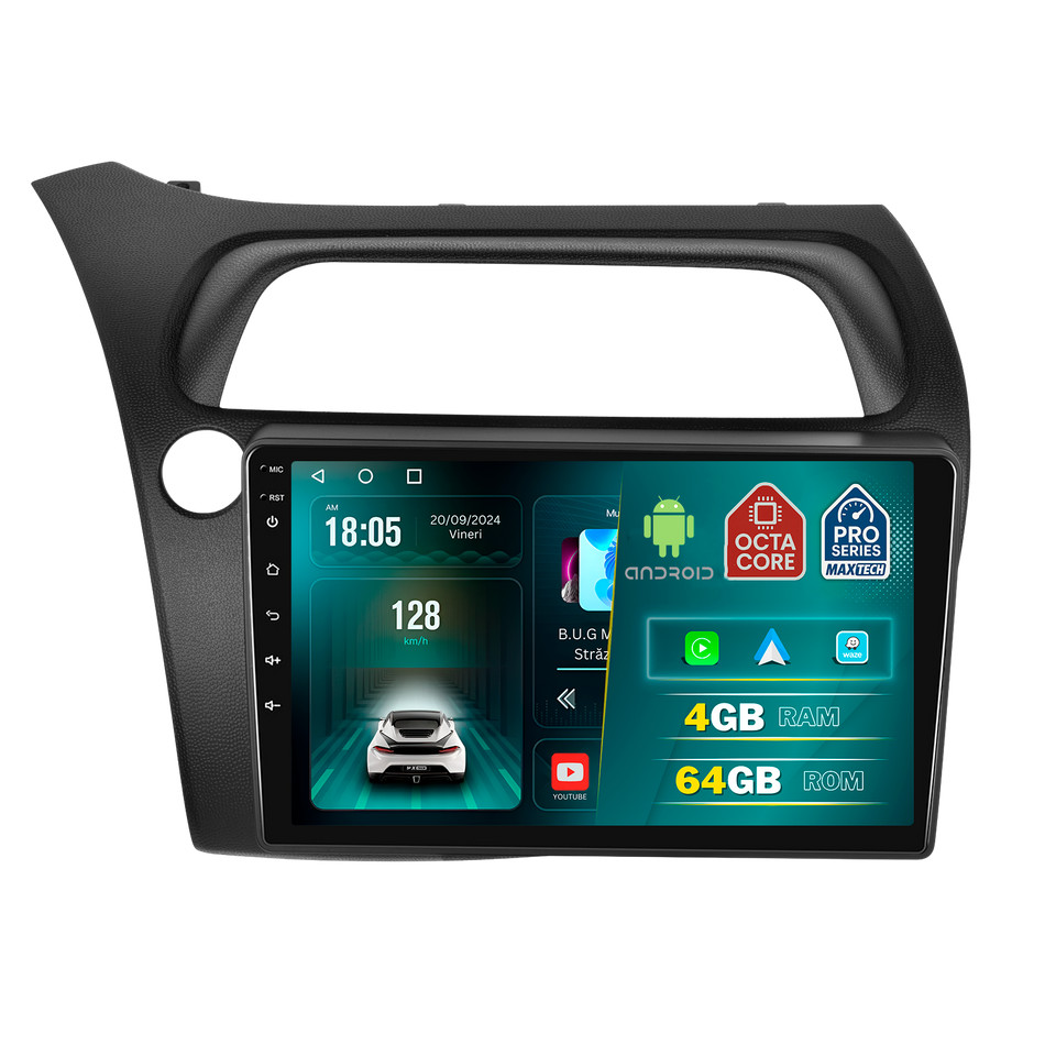 Navigatie Honda Civic VIII (2006-2011) dedicata, MaxTech® PRO SERIES, 4 GB Ram 64 GB Rom, Carplay si Android auto, Ecran 9 ” HD Touch, GPS, Wifi, Bluetooth, Radio, USB, EQ, DSP, Waze