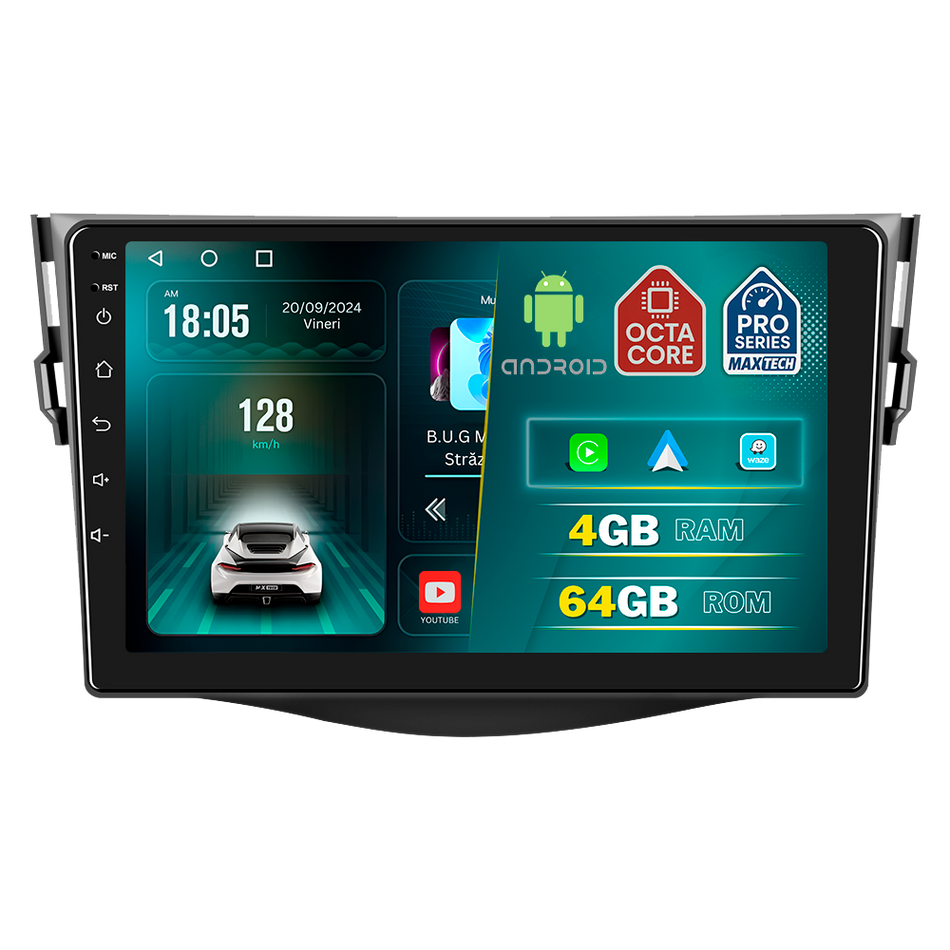 Navigatie Toyota RAV4 (2006-2012) dedicata, MaxTech® PRO SERIES, 4 GB Ram 64 GB Rom, Carplay si Android auto, Ecran 9 ” HD Touch, GPS, Wifi, Bluetooth, Radio, USB, EQ, DSP, Waze