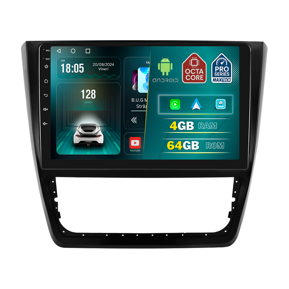 Navigatie Skoda Yeti (2009-2017) dedicata, MaxTech® PRO SERIES, 4 GB Ram 64 GB Rom, Carplay si Android auto, Ecran 10 ” HD Touch, GPS, Wifi, Bluetooth, Radio, USB, EQ, DSP, Waze