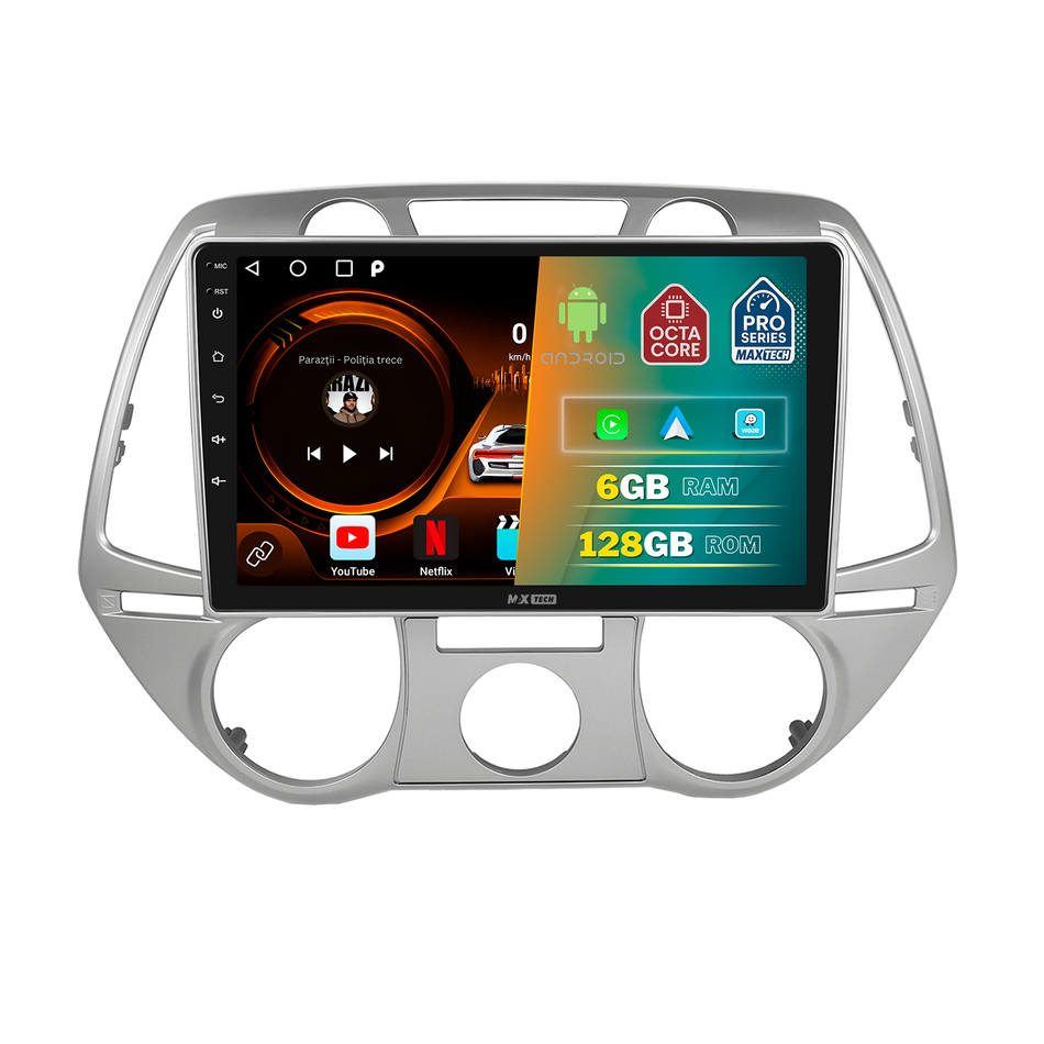 Navigatie Hyundai i20 I (2008-2012) Pre-facelift dedicata, MaxTech® PRO SERIES, 6 GB Ram 128 GB Rom, Carplay si Android auto, Ecran 9” HD Touch, GPS, Wifi, Bluetooth, Radio, USB, EQ, DSP, Waze