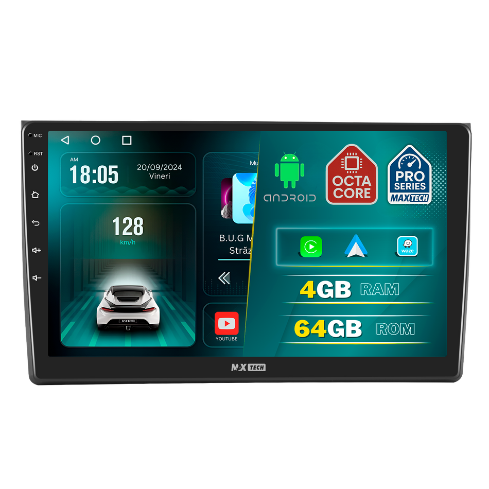 Navigatie Audi A4 B6/B7 (2002-2008) dedicata, MaxTech® PRO SERIES, 4 GB Ram 64 GB Rom, Carplay si Android auto, Ecran 9 ” HD Touch, GPS, Wifi, Bluetooth, Radio, USB, EQ, DSP, Waze