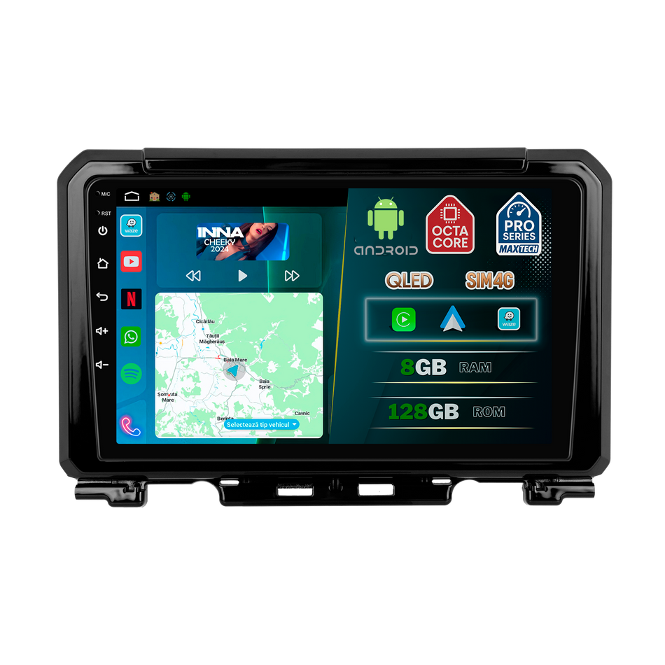 Navigatie Suzuki Jimny IV 2018+ dedicata, MaxTech® PRO SERIES, 8 GB Ram 128 GB Rom, OctaCore, Carplay si Android auto, Ecran 9” HD Touch, Sim 4G, ADI/HI-Res, GPS, Wifi, Bluetooth, Radio, USB, EQ, DSP, Waze