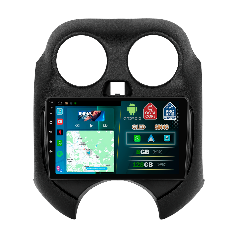 Navigatie Nissan Micra (2010-2017) dedicata, MaxTech® PRO SERIES, 8 GB Ram 128 GB Rom, OctaCore, Carplay si Android auto, Ecran 9” HD Touch, Sim 4G, ADI/HI-Res, GPS, Wifi, Bluetooth, Radio, USB, EQ, DSP, Waze