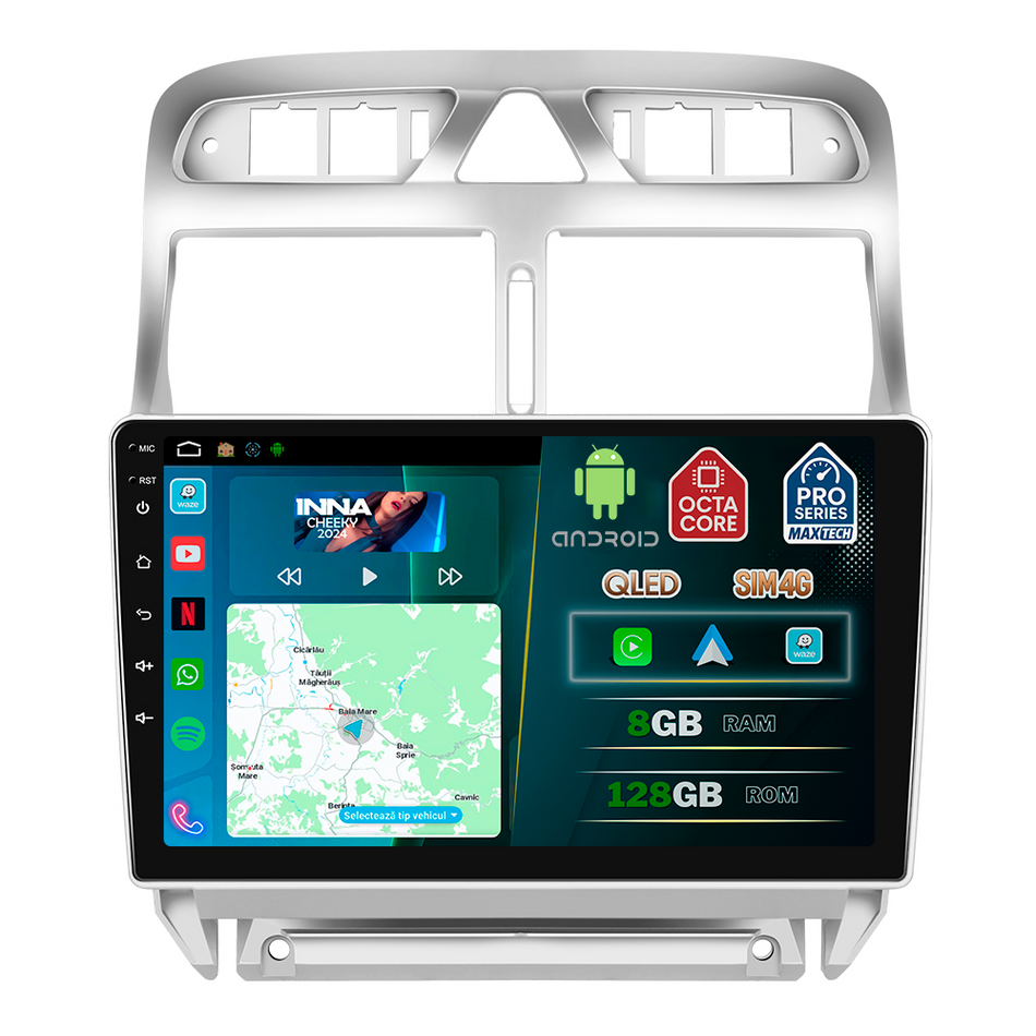 Navigatie Peugeot 307 (2002-2008) dedicata, MaxTech® PRO SERIES, 8 GB Ram 128 GB Rom, OctaCore, Carplay si Android auto, Ecran 9” HD Touch, Sim 4G, ADI/HI-Res, GPS, Wifi, Bluetooth, Radio, USB, EQ, DSP, Waze