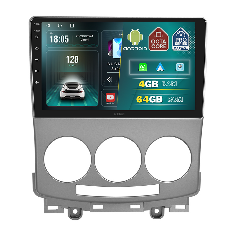Navigatie Mazda 5 (2008-2010) Facelift dedicata, MaxTech® PRO SERIES, 4 GB Ram 64 GB Rom, Carplay si Android auto, Ecran 9 ” HD Touch, GPS, Wifi, Bluetooth, Radio, USB, EQ, DSP, Waze