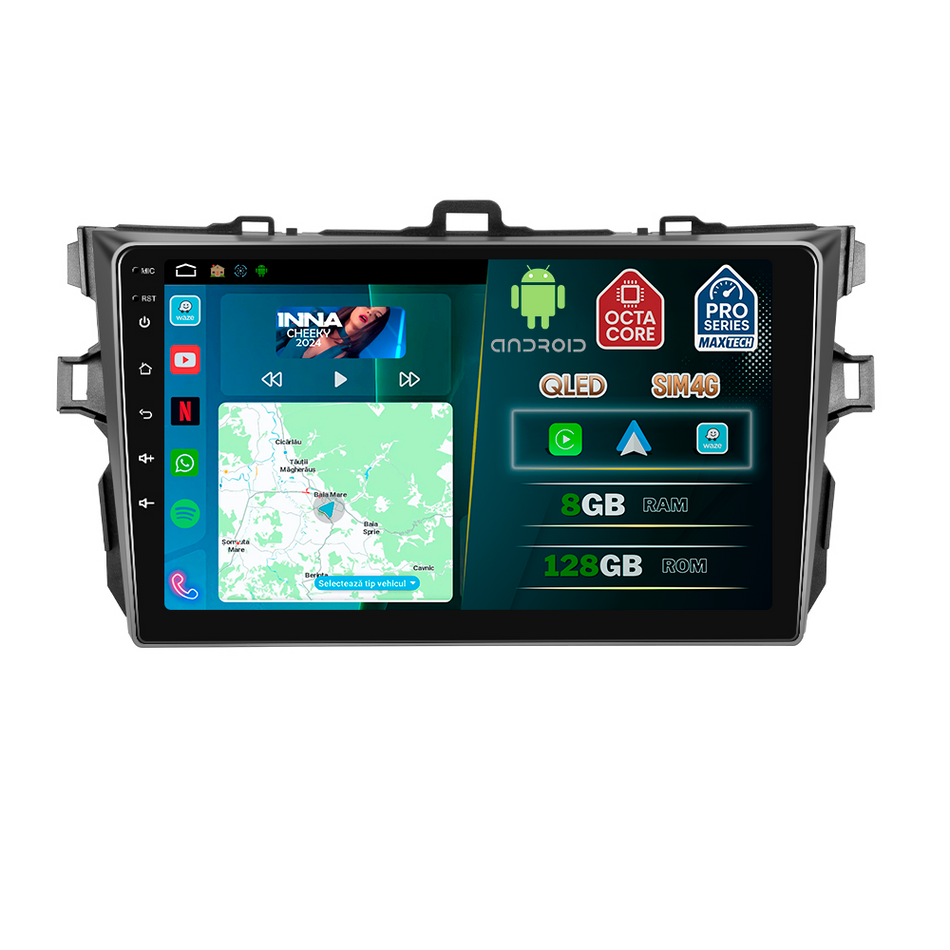 Navigatie Toyota Corolla (2007-2013) dedicata, MaxTech® PRO SERIES, 8 GB Ram 128 GB Rom, OctaCore, Carplay si Android auto, Ecran 9” HD Touch, Sim 4G, ADI/HI-Res, GPS, Wifi, Bluetooth, Radio, USB, EQ, DSP, Waze