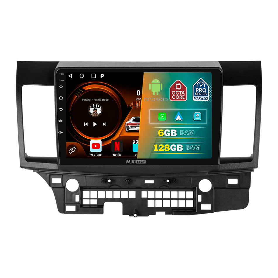 Navigatie Mitsubishi Lancer X (2008-2015) dedicata, MaxTech® PRO SERIES, 6 GB Ram 128 GB Rom, Carplay si Android auto, Ecran 10” HD Touch, GPS, Wifi, Bluetooth, Radio, USB, EQ, DSP, Waze