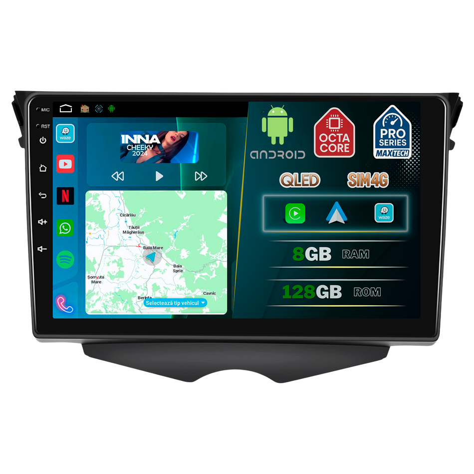 Navigatie Hyundai Veloster (2011-2014) pre-facelift dedicata, MaxTech® PRO SERIES, 8 GB Ram 128 GB Rom, OctaCore, Carplay si Android auto, Ecran 9” HD Touch, Sim 4G, ADI/HI-Res, GPS, Wifi, Bluetooth, Radio, USB, EQ, DSP, Waze