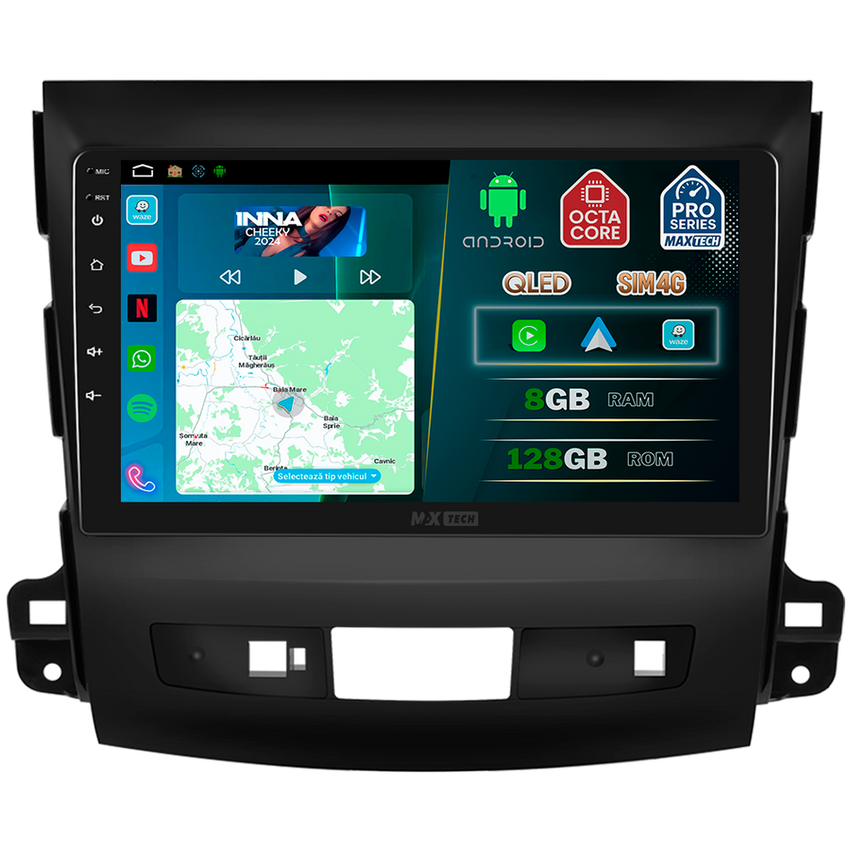Navigatie Mitsubishi Outlander II (2008-2015) dedicata, MaxTech® PRO SERIES, 8 GB Ram 128 GB Rom, OctaCore, Carplay si Android auto, Ecran 9” HD Touch, Sim 4G, ADI/HI-Res, GPS, Wifi, Bluetooth, Radio, USB, EQ, DSP, Waze