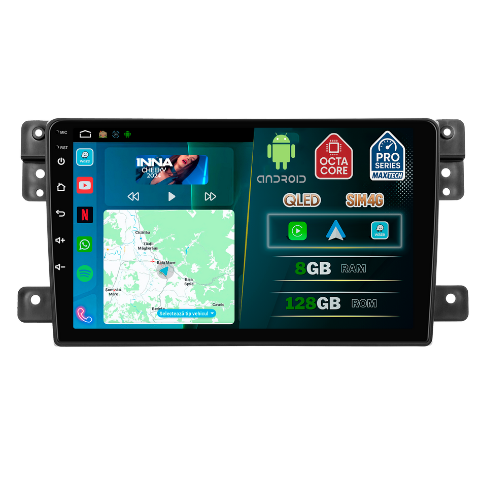 Navigatie Suzuki Grand Vitara III (2005-2015) dedicata, MaxTech® PRO SERIES, 8 GB Ram 128 GB Rom, OctaCore, Carplay si Android auto, Ecran 9” HD Touch, Sim 4G, ADI/HI-Res, GPS, Wifi, Bluetooth, Radio, USB, EQ, DSP, Waze