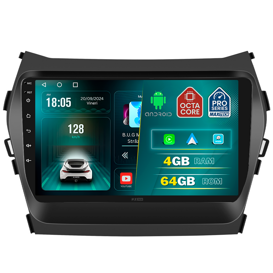 Navigatie Hyundai Santa Fe 3 (2012-2018) dedicata, MaxTech® PRO SERIES, 4 GB Ram 64 GB Rom, Carplay si Android auto, Ecran 9 ” HD Touch, GPS, Wifi, Bluetooth, Radio, USB, EQ, DSP, Waze