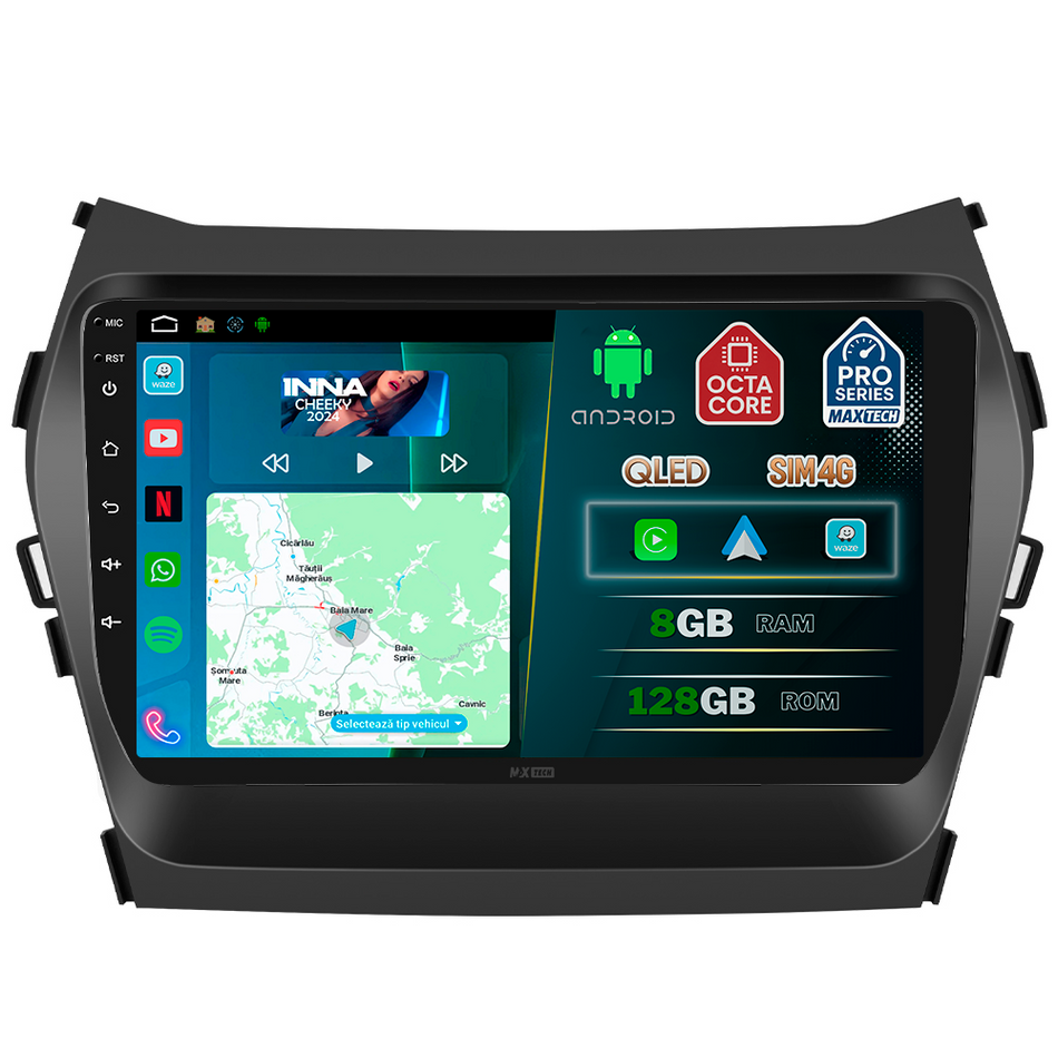 Navigatie Hyundai Santa Fe 3 (2012-2018) dedicata,MaxTech® PRO SERIES,8 GB Ram 128 GB Rom, OctaCore,Carplay si Android auto,Ecran 9” HD Touch, Sim 4G, ADI/HI-Res, GPS, Wifi, Bluetooth,Waze