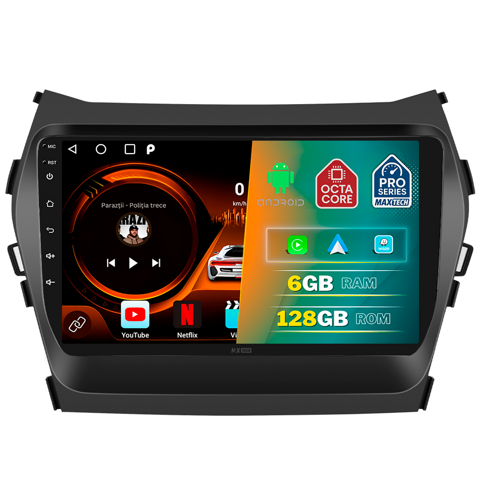 Navigatie Hyundai Santa Fe 3 (2012-2018) dedicata, MaxTech® PRO SERIES, 6 GB Ram 128 GB Rom, Carplay si Android auto, Ecran 9” HD Touch, GPS, Wifi, Bluetooth, Radio, USB, EQ, DSP, Waze
