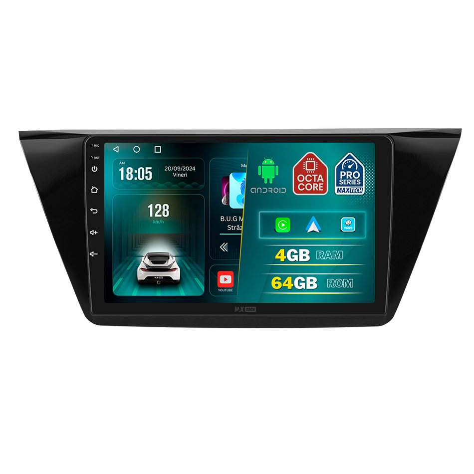 Navigatie Volkswagen Touran (2016-2021) dedicata, MaxTech® PRO SERIES, 4 GB Ram 64 GB Rom, Carplay si Android auto, Ecran 10 ” HD Touch, GPS, Wifi, Bluetooth, Radio, USB, EQ, DSP, Waze
