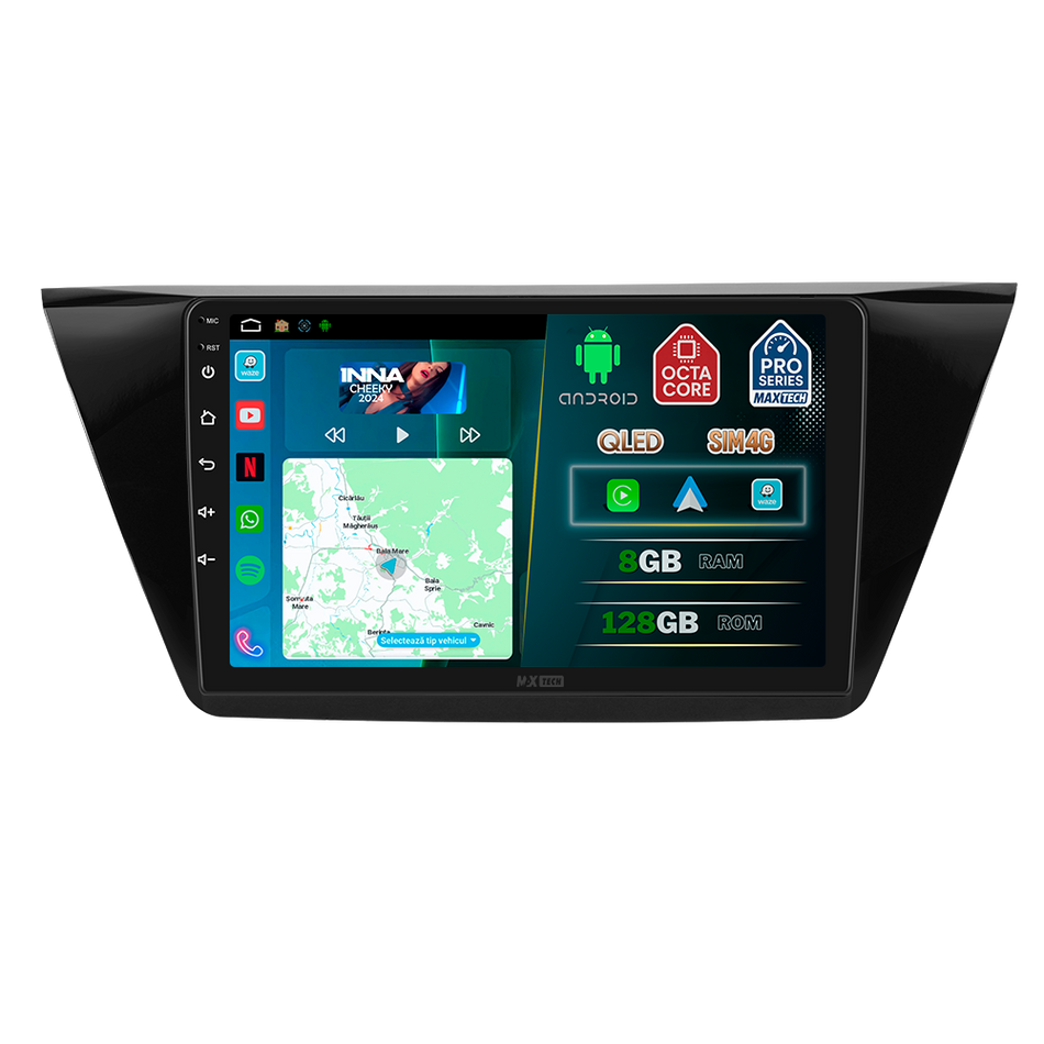 Navigatie Volkswagen Touran (2016-2021) dedicata, MaxTech® PRO SERIES, 8 GB Ram 128 GB Rom, OctaCore, Carplay si Android auto, Ecran 10” HD Touch, Sim 4G, ADI/HI-Res, GPS, Wifi, Bluetooth, Radio, USB, EQ, DSP, Waze