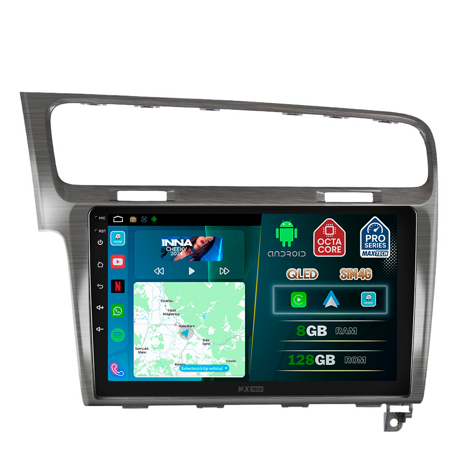 Navigatie Volkswagen Golf 7 (2013-2019) dedicata, MaxTech® PRO SERIES, 8 GB Ram 128 GB Rom, OctaCore, Carplay si Android auto, Ecran 10” HD Touch, Sim 4G, ADI/HI-Res, GPS, Wifi, Bluetooth, Radio, USB, EQ, DSP, Waze
