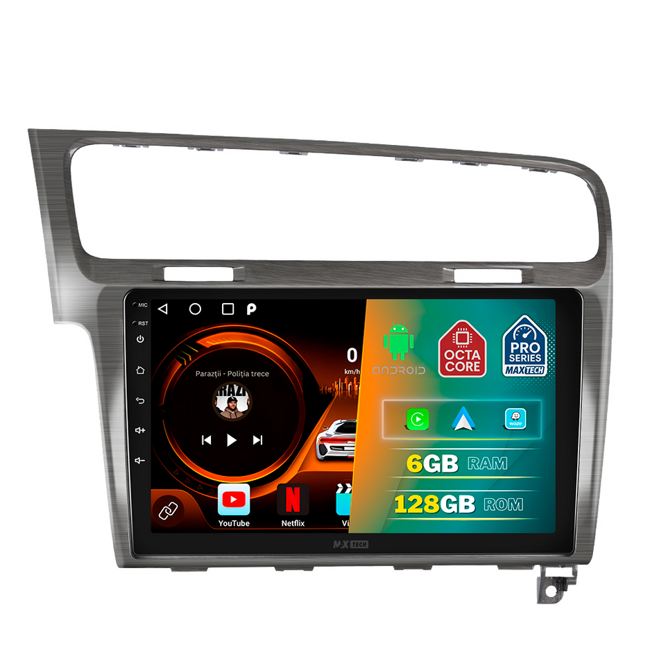 Navigatie Volkswagen Golf 7 (2013-2019) dedicata, MaxTech® PRO SERIES, 6 GB Ram 128 GB Rom, Carplay si Android auto, Ecran 10” HD Touch, GPS, Wifi, Bluetooth, Radio, USB, EQ, DSP, Waze