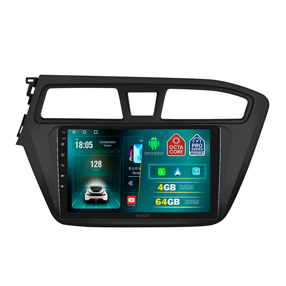 Navigatie Hyundai i20 II (2014-2017) dedicata, MaxTech® PRO SERIES, 4 GB Ram 64 GB Rom, Carplay si Android auto, Ecran 9 ” HD Touch, GPS, Wifi, Bluetooth, Radio, USB, EQ, DSP, Waze