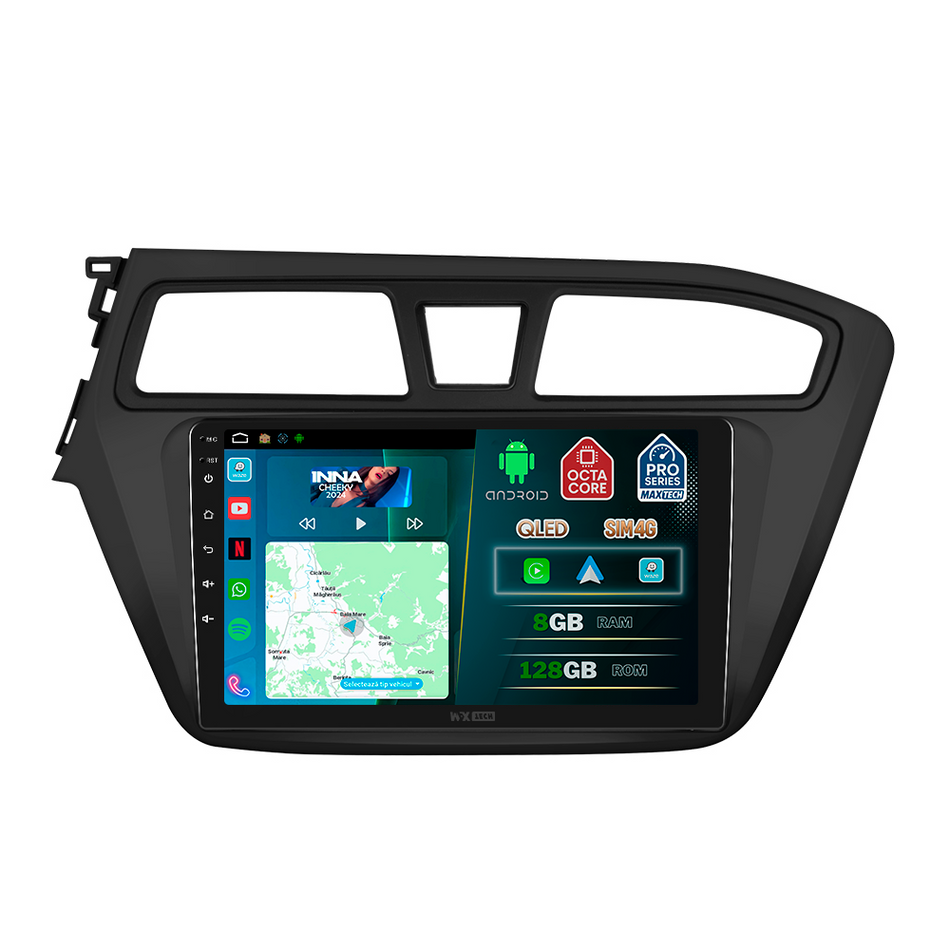 Navigatie Hyundai i20 II (2014-2017) dedicata, MaxTech® PRO SERIES, 8 GB Ram 128 GB Rom, OctaCore, Carplay si Android auto, Ecran 9” HD Touch, Sim 4G, ADI/HI-Res, GPS, Wifi, Bluetooth, Radio, USB, EQ, DSP, Waze