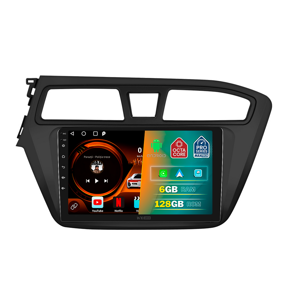 Navigatie Hyundai i20 II (2014-2017) dedicata, MaxTech® PRO SERIES, 6 GB Ram 128 GB Rom, Carplay si Android auto, Ecran 9” HD Touch, GPS, Wifi, Bluetooth, Radio, USB, EQ, DSP, Waze